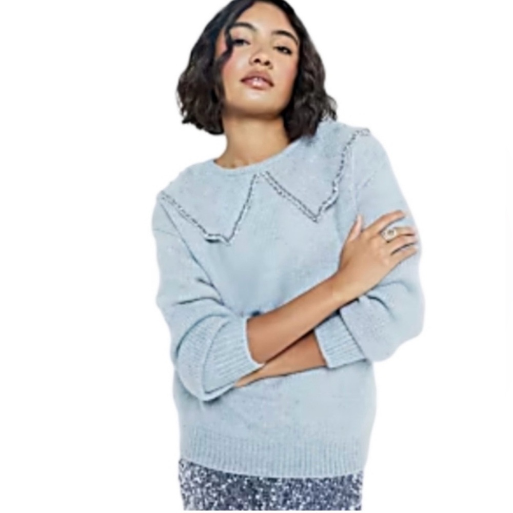 Monki Large Blue Knit Lace Collar Sweater Size L